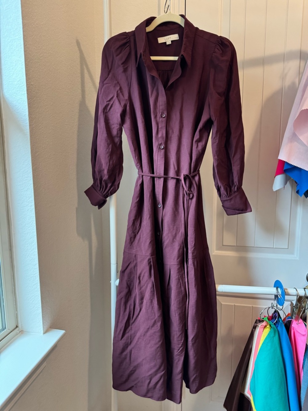 LOFT Deep Plum Button-Front Midi Dress